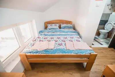 a small bedroom with a bed with blue comforter at Rooms Vila Medena in Brežice