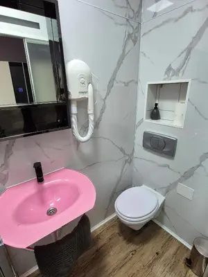 a bathroom with a pink sink and a toilet at Hostel M in Maribor