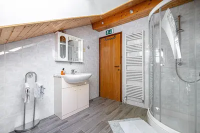 a bathroom with a shower and a sink and a toilet at House Mavko Near Lake Cerknica - Happy Rentals in Grahovo