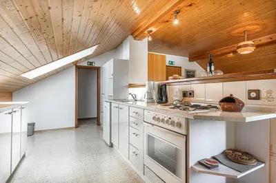 a kitchen with white appliances and a wooden ceiling at House Mavko Near Lake Cerknica - Happy Rentals in Grahovo