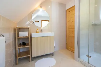 a bathroom with a sink and a shower at Chalet Pr Dobravc in Bohinj