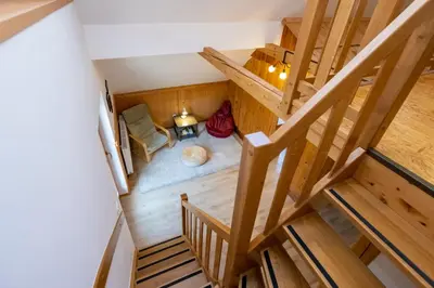 an overhead view of a small room with stairs at Chalet Pr Dobravc in Bohinj