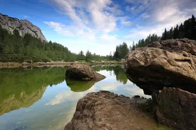 a view of a river with rocks in the water at Chalet Pr Dobravc in Bohinj