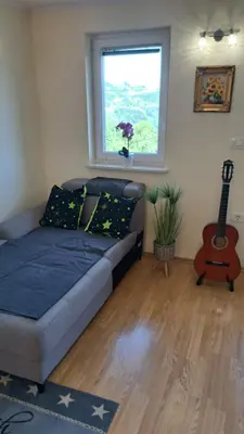 a living room with a couch and a guitar at Vineyard cottage Na hribu in Dvor