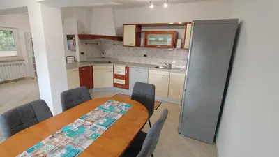 a kitchen with a table and chairs and a refrigerator at Apartma Apollonio in Črni Kal