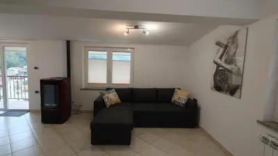 a living room with a black couch and a tv at Apartma Apollonio in Črni Kal