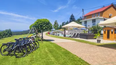 a row of bikes parked on the grass next to a building at Three Stars Luxury House ART-PE with pool and SPA pool in Trebnje