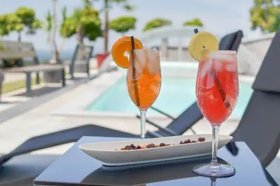 two cocktails on a table with a plate of food at Three Stars Luxury House ART-PE with pool and SPA pool in Trebnje