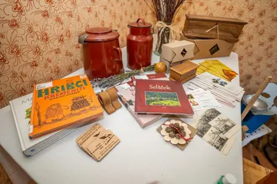 a table with books and other items on it at Notranjska hiša - traditional country house, close to the world attraction Cerknica lake in Begunje pri Cerknici