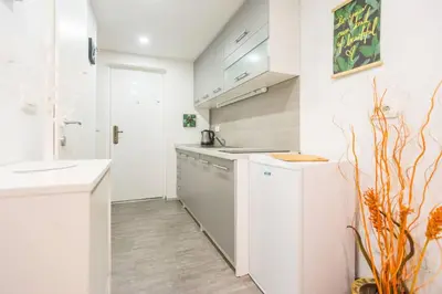 a white kitchen with white cabinets and a sink at Apartma N'Poznam Tobačna in Ljubljana