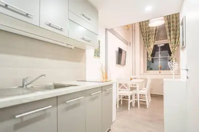 a white kitchen with a sink and a table at Apartma N'Poznam Tobačna in Ljubljana