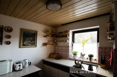 a kitchen with a counter and a window and a sink at Pet & Family Friendly House Viktorija - house near Golica with Triglav view in Jesenice