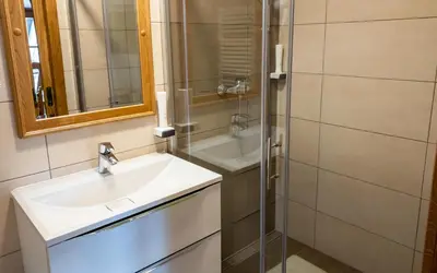 a bathroom with a sink and a shower at Guest House Pri Cesarju in Kamnik