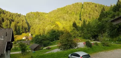 a car parked in front of a mountain at Bed&Breakfast Anž'k in Bled