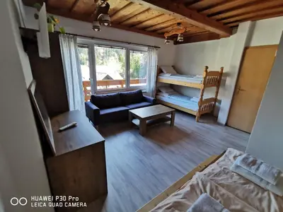a living room with a couch and a bed at Bed&Breakfast Anž'k in Bled
