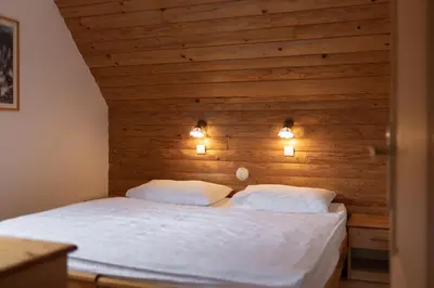 a bed with two pillows in a room with wooden walls at Apartments Brina in Bohinj