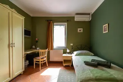 a bedroom with a bed and a desk and a window at Rooms Herman in Pivka