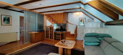a living room with a couch and a tv at Guesthouse Pri Zalogarju in Železniki