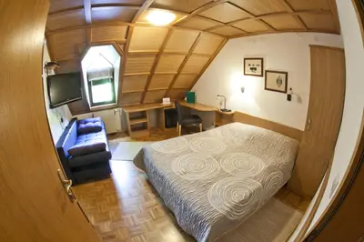 a small bedroom with a bed and a desk at Guesthouse Pri Zalogarju in Železniki