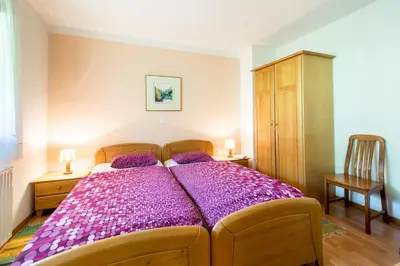a bedroom with a large bed with purple sheets at Apartments Jaka in Dolenjske Toplice