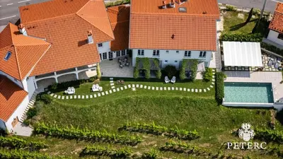an aerial view of a house with a swimming pool at Peterc Vineyard Estate in Kojsko