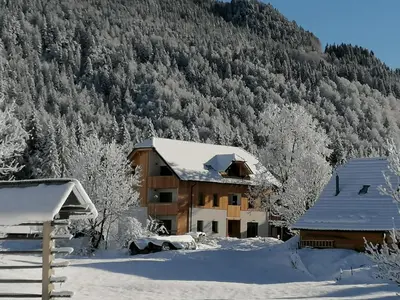 a house covered in snow in front of a mountain at Apartments Gorski raj in Kranjska Gora