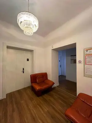 a living room with a chair and a chandelier at Rooms Miklošičeva in Ljubljana