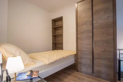 a room with a bed and a closet at Vila Radolca apartments & rooms in Radovljica