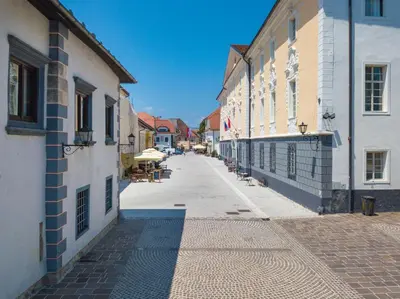 an empty street in a town with buildings at Vila Radolca apartments & rooms in Radovljica