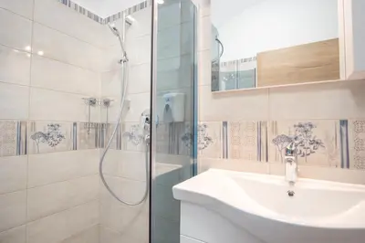 a bathroom with a sink and a shower at Vila Radolca apartments & rooms in Radovljica
