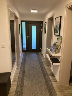 a hallway with a black door and a carpet at Apartment Lida in Podčetrtek