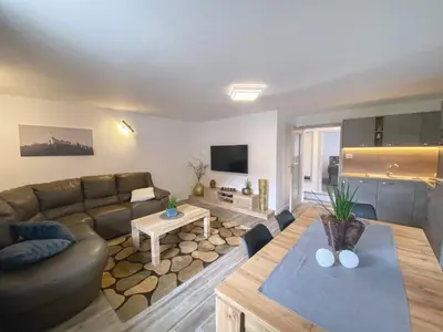a living room with a couch and a table at Apartment Lida in Podčetrtek