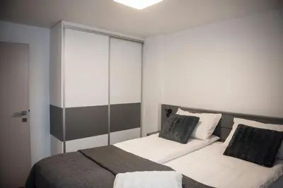 a bedroom with two beds with white and gray at Apartment Lida in Podčetrtek