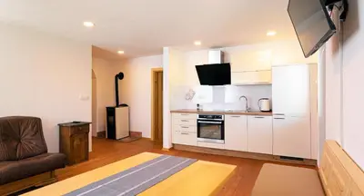 a kitchen with white cabinets and a living room at Old Farm House Breg in Žirovnica