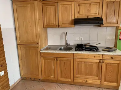 a kitchen with wooden cabinets and a sink at Apartments Nune in Zreče