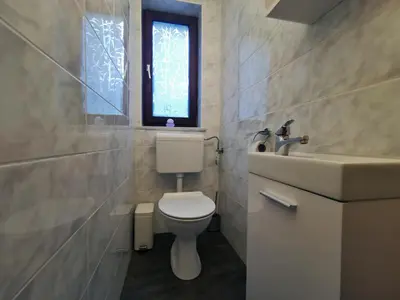 a bathroom with a toilet and a sink and a window at Lookout Resort in the green heart of Slovenia in Rovte