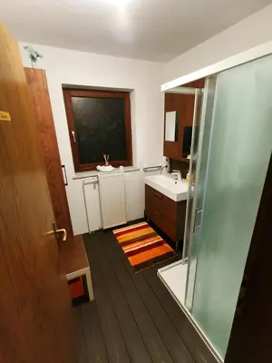 a bathroom with a shower and a sink and a mirror at Lookout Resort in the green heart of Slovenia in Rovte