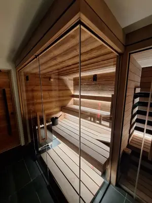 a sauna in a room with wooden walls at Domačija Metul in Luče