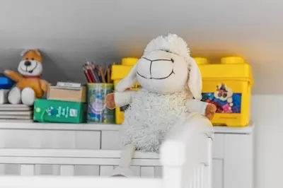 a stuffed animal sitting on a white shelf at Apartma Hiša Pliska in Pliskovica