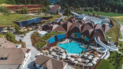 an aerial view of a resort with a swimming pool at Aparthotel Rosa 404 in Podčetrtek