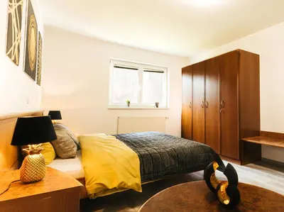 a bedroom with a bed and a wooden cabinet at Aparthotel Rosa 404 in Podčetrtek