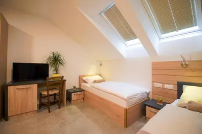a bedroom with a bed and a desk with a television at HOTEL BARON in Smlednik