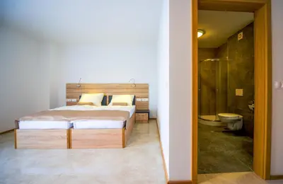 a bedroom with a bed and a shower and a toilet at HOTEL BARON in Smlednik
