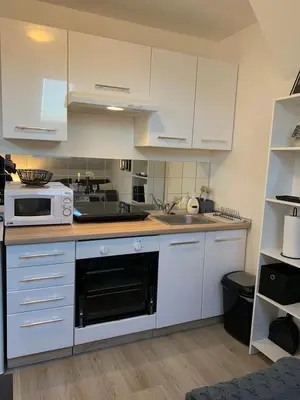 a kitchen with white cabinets and a microwave at Apartment Luna in Maribor