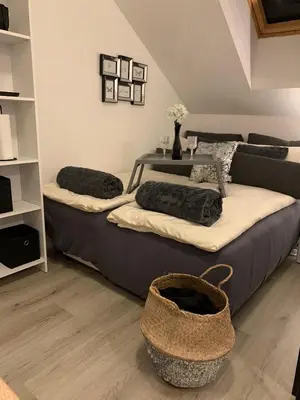 a living room with two beds and a table at Apartment Luna in Maribor