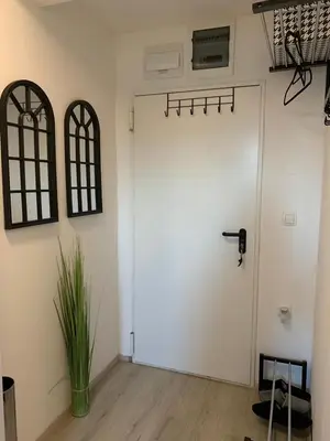 a white door in a room with a plant at Apartment Luna in Maribor