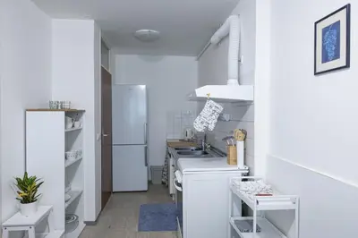a white kitchen with a sink and a refrigerator at Dragons Dream Hostel in Ljubljana