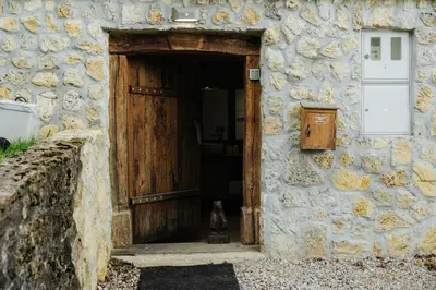 a door to a stone building with a cat sitting in it at GOZDNE VILE va VRTI in Kostel