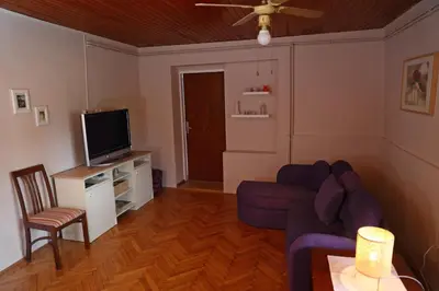 a living room with a couch and a tv at House Minka in Ptuj