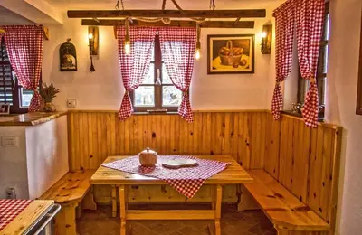 a kitchen with a wooden table in a room at Vineyard cottage Podržaj in Otočec